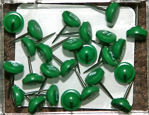 Numbered Map Tacks - Dark Green Pins With White Numbers (box of 25: numbers 51 - 75)