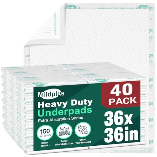 Image of MILDPLUS Heavy Duty Underpads 36 inchX36 inch, 40 Count, Ultra Absorbent Chucks 150Grams Tear-Resistant Bed Pads Disposable Incontinence Pads for Adults, Kids or Pets (Discreet Packaging)