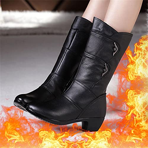 Hbeylia Winter Snow Boots For Women Ladies Fashion Casual Leather Round Toe Chunky Block Low Heels Warm Mid Calf Riding Boots With Fleece Lining Thermal Dress Short Boots Halloween Christmas Favor3