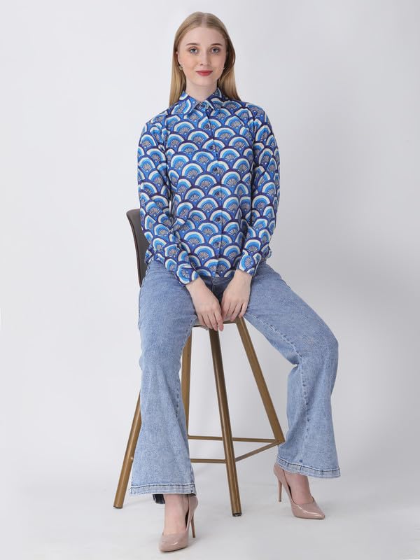 Image of For U Women Blue Cotton Printed Shirt
