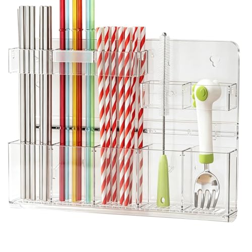 Soporte para pajillas para puerta de armario, adhesivo reutilizable con 5 compartimentos, organizador de cucharas sin taladrar, para vajilla, abrebotellas, tazas, cocina, refrigerador, azulejos, pared