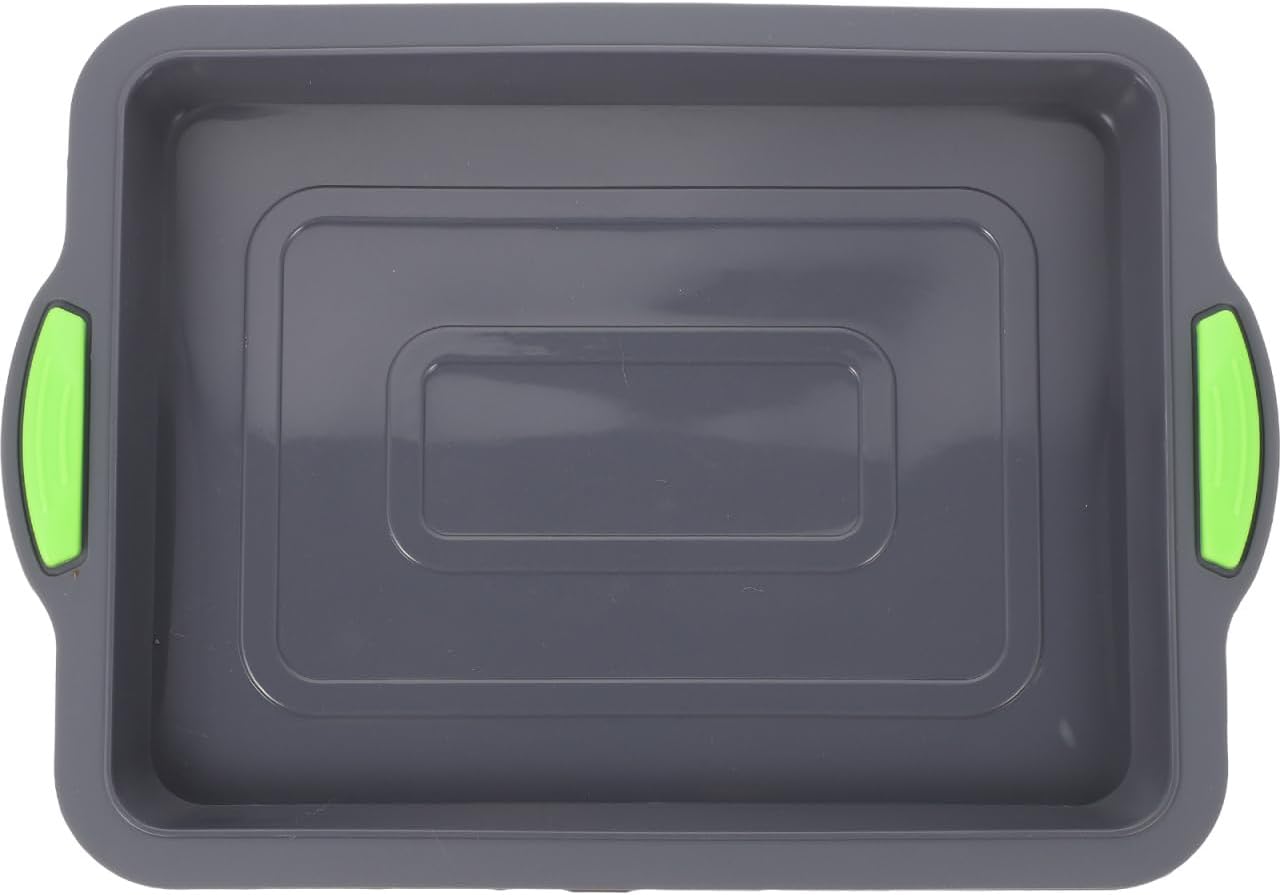 1Pc Silicone Baking Pan Non-stick Square Baking Tray with Green Silicone Grip Handles for Brownies Bread Cake Baked Goods Oven Microwave Freezer Dishwasher Safe Heat Resistant