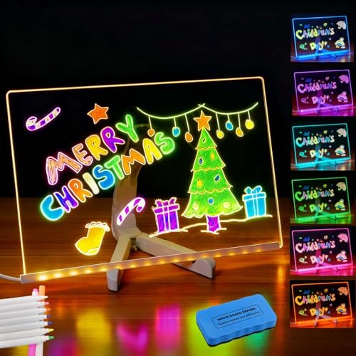 LED Note Board with Colors – Acrylic Dry Erase Board with 10 Light Modes, 7 Fluorescent Markers & Eraser, USB Powered Light Up Drawing Board for Kids & Adults, LED Message Board for Home Office School