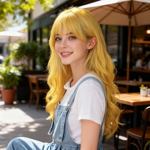 Image of S-noilite Yellow Wig with Bangs for Women 26 inch Long Wavy Cosplay Wig Heat Resistant Synthetic Hair Colorful Anime Costume Wig for Halloween Party