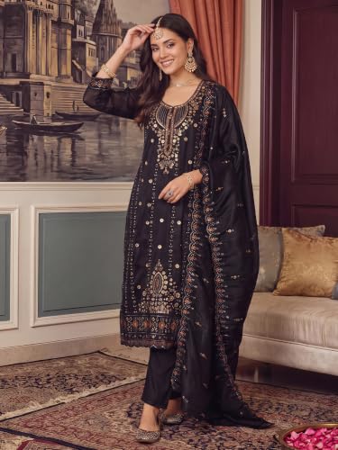 Image of INDO ERA Women's Silk Blend Embroidered Stone Work Straight Kurta & Pant with Dupatta Set | Kurta Sets For Woman