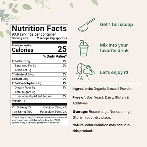 Organic Broccoli Powder, 1 Pound, Freeze Dried, Contains Natural Dim (Diindolylmethane), And Rich In Fiber And Immune Vitamin C, Green Superfood For Smoothie & Drinks, Vegan Friendly #TOP1