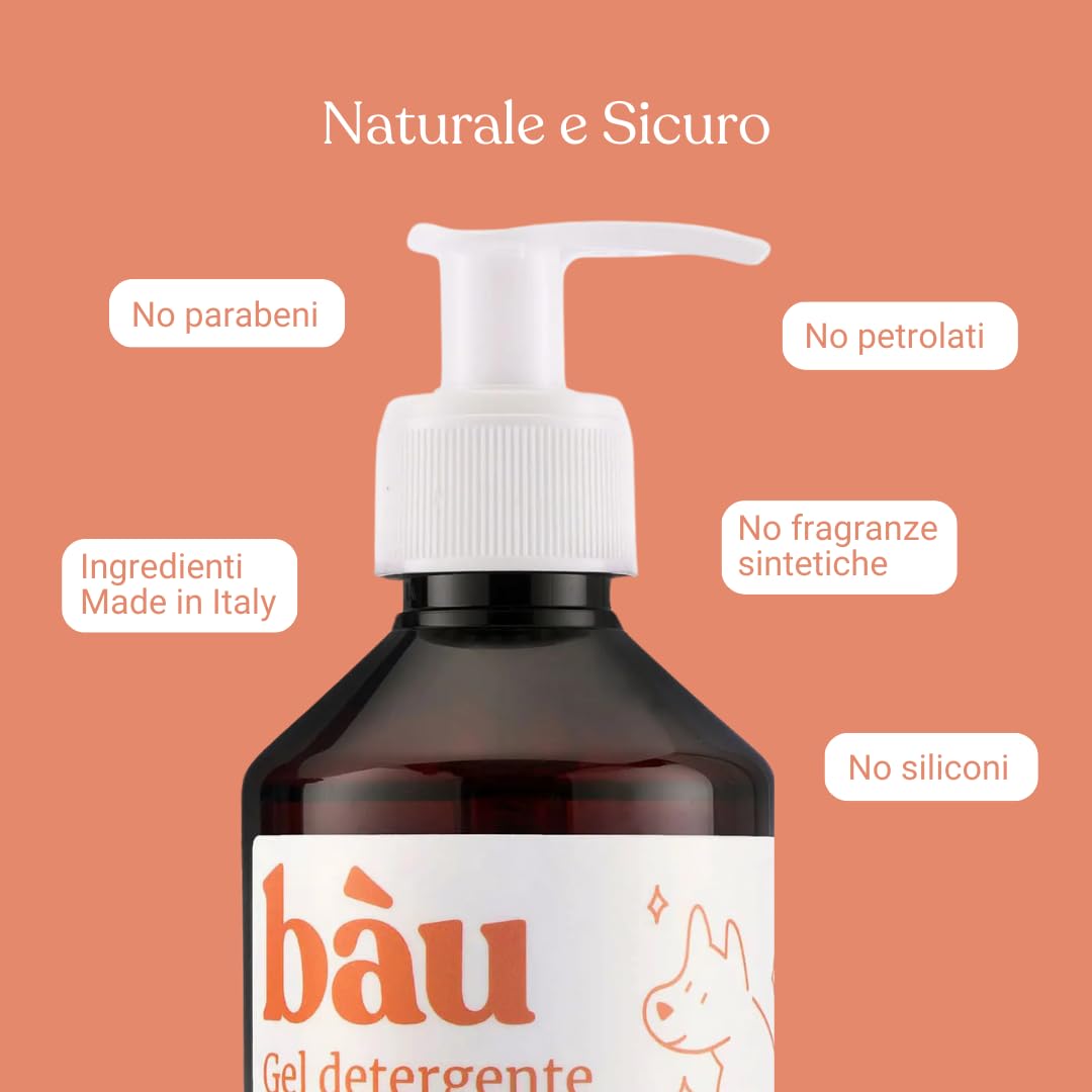 Bau Cosmesi Gel Detergente Senza Risciacquo, Shampoo Secco per Cani, Igienizzante e Idratante - Senza Parabeni e Siliconi, Naturale e Bio con Aloe Vera - Pesca, 250 ml