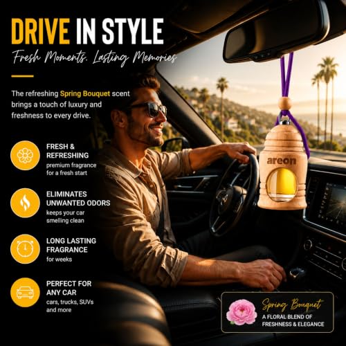 Image of AREON Fresco Premium Hanging Car Air Freshener, Spring Bouquet, Pack of 3 | Premium Wooden Hanging Car Air Freshener with an Elegant, Compact Design. Suitable for Use in Cars, Suvs, Vans, and Trucks.