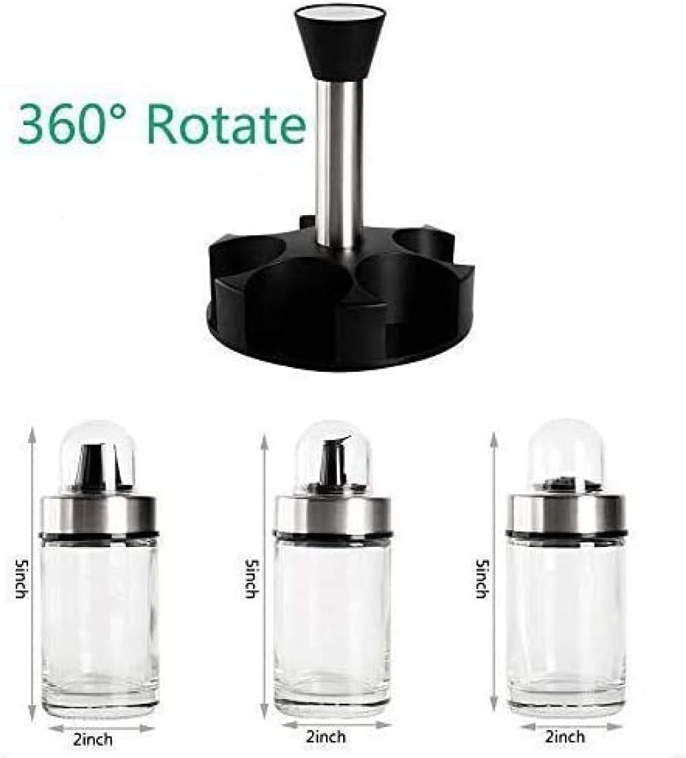 Juego de 6 especias, dispensador de aceite de sal pimienta y vinagre con soporte giratorio, soporte esencial para condimentos de cocina para aderezos y salsas para hombres
