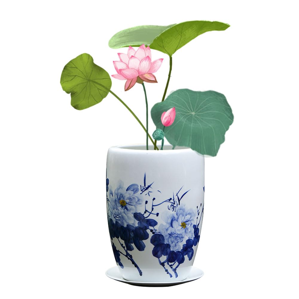 SWENEEN Jingdezhen Blue And White Porcelain Flowerpot Ceramic Planters Garden Flower Pots With Drainage Holes And Saucers For Indoor Plants,House Plants,Modern Plant Container,