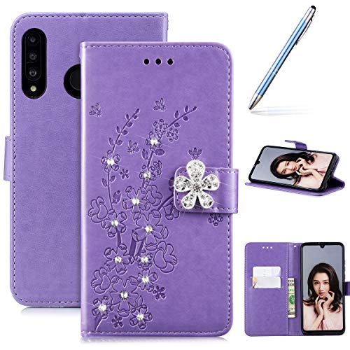 Robinsoni Case Compatible with Huawei P30 Lite PU Leather Case Wallet Case Sparkle Bling Cover Glitter Notebook Magnetic Flip Stand Cover Cash Pouch Folio Gel Bumper Protective Shell, Purple