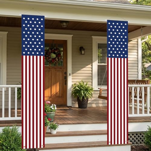 Pair 4th of July Patriotic Porch Banners American Flag Hanging Decorations for Outdoor Indoor Use Red White Blue Signs for Memorial Day Veterans Day Independence Day Presidents Day & More