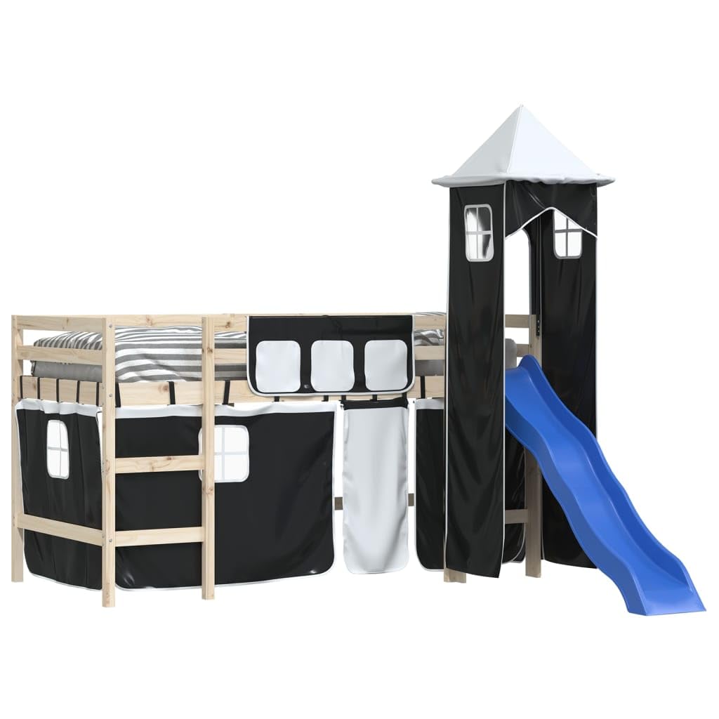 Hochbett Vorhang Set mit Turm für Kinderbett, Spielzelt Verkleidung Spielhaus für Hochbetten, Weiß und Schwarz, Polyester Spielvorhang für Kinderzimmer