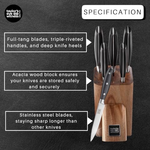 Taylors Eye Witness 6 PCE Kitchen Knife Block Set - 5 Useful Knives, Acacia Wood Block. Stainless Steel Precision, Full Tang & Durable. Including Paring, Veg, Chef, Bread & Carving Knives - Image 5