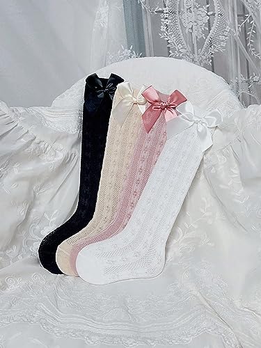 OYOANGLE Girl's 4 Pairs Cute Ruffle Knee High Socks Bow Front Over the Calf Socks Black Multi 2Y2
