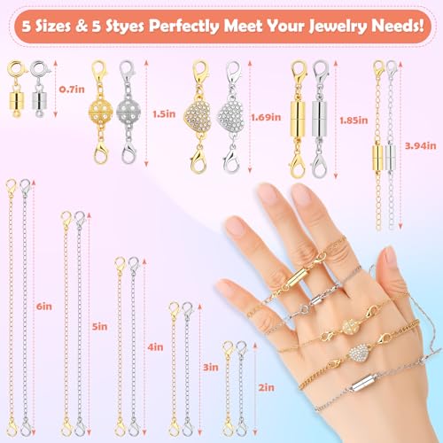 Image of ROADPLUM 30 Pcs Magnetic Necklace Clasp & Extender Chain Set, 5 Styles Strong Magnetic Jewelry Clasp with 5 Sizes Extender for Necklaces Bracelet Connector, Easy to Use for Women, Gold & Silver