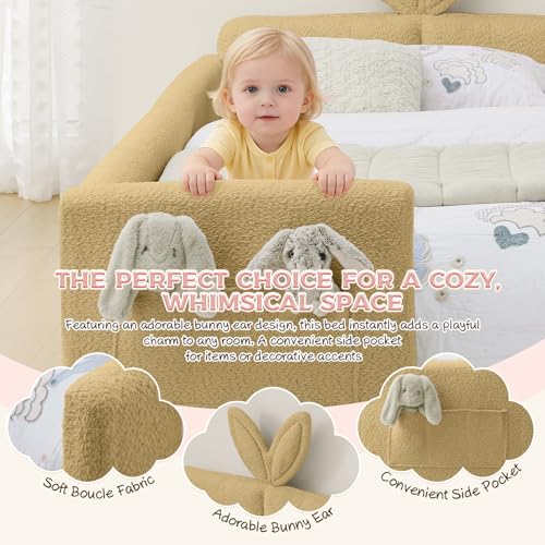 Image of Twin Size Bed Frame for Kids, Upholstered Daybed Frame Floor Bed with Safety Rails and Storage Pocket Cute Rabbit Ear Shaped Headboard for Kids Teens Boys Girls, Yellow