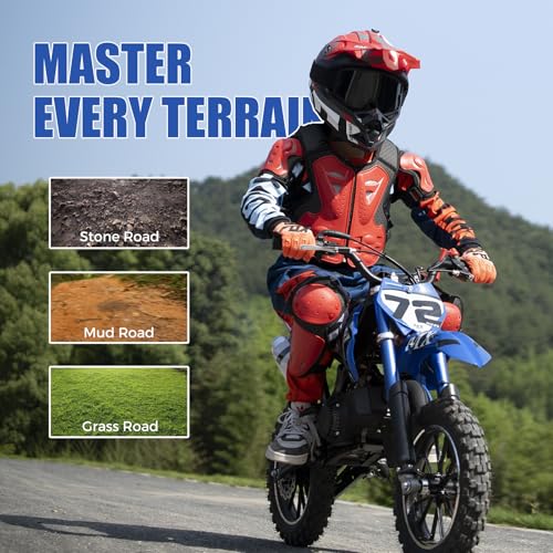 Image of Gas Dirt Bikes for Kids, 50cc 2 Stroke Kids Dirt Bike, 49cc Dirt Bike Up to 24 MPH Pull Start, Pit Bike for Boys Girls, Gas Dirt Bike Dual Disc Brake Inverted Fork Off Road Blue with Armor Suit Set