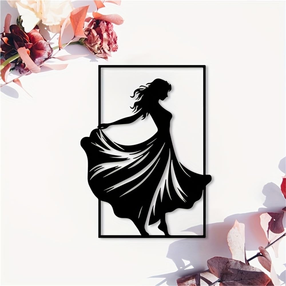 Decoración de pared abstracta contemporánea de metal con figura de mujer bailando, colgante rústico de hierro negro con vestido vaporoso para sala de estar, dormitorio o jardín exterior (40 cm/16
