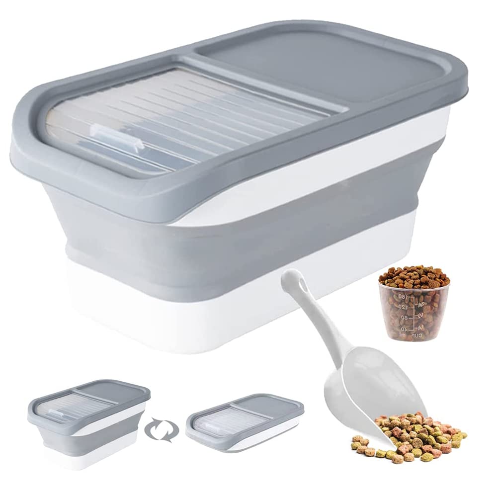 Collapsible Dog Food Storage Container, 13 LB Pet Food Container with Lids, Airtight Cat Food Containers with Measuring Cup and Scoop, Foldable Kitchen Rice Storage for Pet Food, Cereal