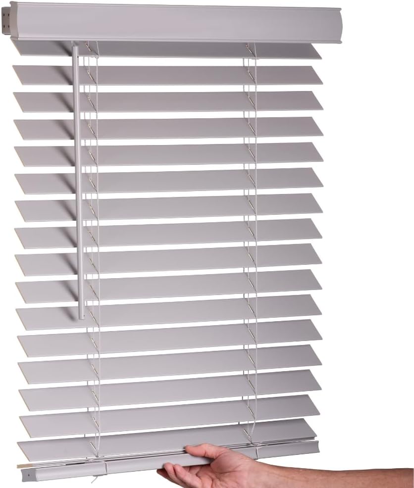 LOTUS & WINDOWARE Cordless Faux Wood Blinds, 71" Wide x 48" Long,Smooth,Light Gray, 2 Inch Horizontal Blinds – for Living Room, Bedroom, Interior Door Windows Light Gray 71"W x 48"H