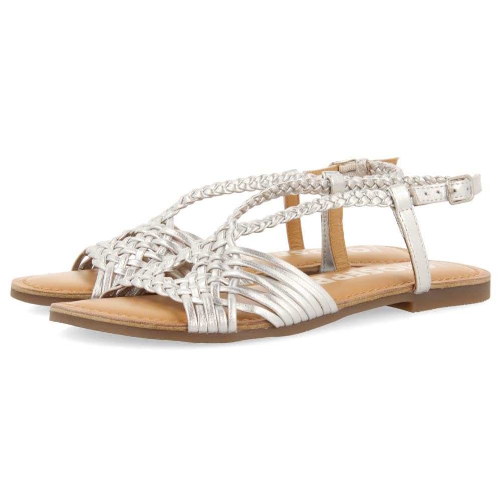GIOSEPPO White Leather Sandals with Cross Straps for Women AIDONE, metallic silver, 4 UK