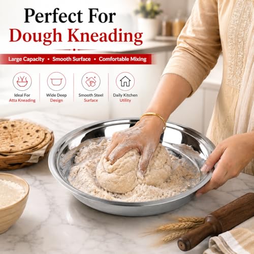 Image of Ajay's Shoppe Stainless Steel Atta Kneading Paraat 2.4 L | 32.5 CM Heavy Gauge Parat for Dough Kneading & Mixing | Mirror Finish