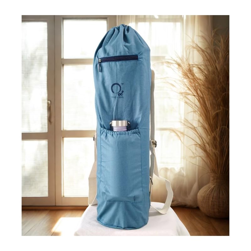 Image of O2 Yoga Mat Bag | Basic Style Cotton Yoga Mat Carry Bag with Adjustable Double Straps | Bottle Holder & Zipper Pocket | Yoga Mat Cover Bag for Women & Men | Fits 2mm-10mm Mats - Ocean Blue
