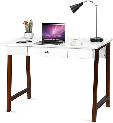 Tangkula Escritorio blanco para computadora con cajón de almacenamiento, mesa de tocador de maquillaje, escritorio de estudio para oficina en casa,