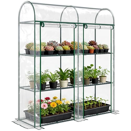 Outsunny Serre de Jardin avec Étagères 3 Niveaux à Toit Arrondi, Petite Serre de Balcon en Bâche PVC et Châssis Acier, 2 Portes Roulantes, pour Légumes...