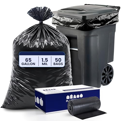 Plasticplace 65 Gallon Trash Bags │ 1.5 Mil │ Black Heavy Duty Garbage Can Liners │ 50” x 48” (50 Count)