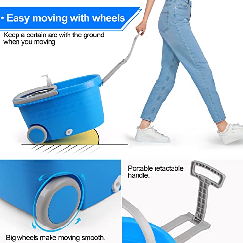 Wischeimer mit Auswringer-Set, verlängerter Edelstahlgriff, 3 Mikrofaser-Ersatz-Moppkopf-Nachfüllungen, 2 Räder für Haushaltsreinigung, Hartholzbodenfliesen, Blau/Grau – Bild 6