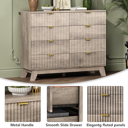 Image of Wodeer 8 Drawer Fluted Dresser for Bedroom, Mid Century Modern Wooden Dresser with 8 Drawers, Dressers & Chests of Drawers with Metal Handle, TV Stand & Storage Organizer for Entryway, Hallway, Grey