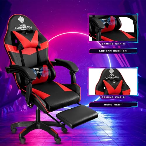 Image of Casa Copenhagen Designed in Denmark,High-Back Italian Leather Gaming Ergonomic Chair with Advanced Mechanism & Electric Back Massager, Memory Foam Seating & Multi Function Arm-Rest - Red & Black