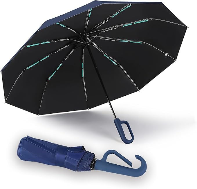 PRANIJ 3-Fold Compact Travel Golf Umbrella with Carabiner Handle | Auto Open-Close 10 Dual Rib Windproof Design | UV Protection Portable Umbrella for Rain/Sun for Car, Travel, Outdoor (Midnight Navy)