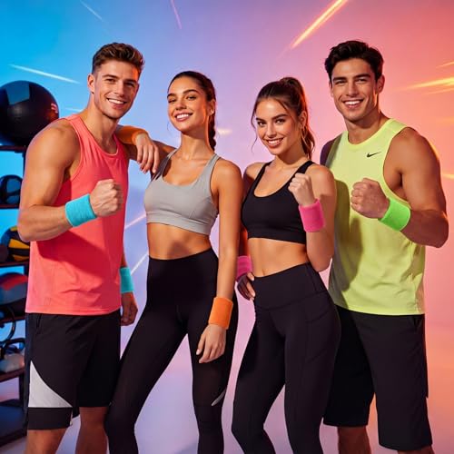 Image of WILLBOND 8 Pack Wrist Sweatbands Sports Wristbands Tennis Sweatbands Neon 80s Thick Cotton Gymnastics Sweat Band Athletic Football Soccer Sports Wristband for Men Women Party