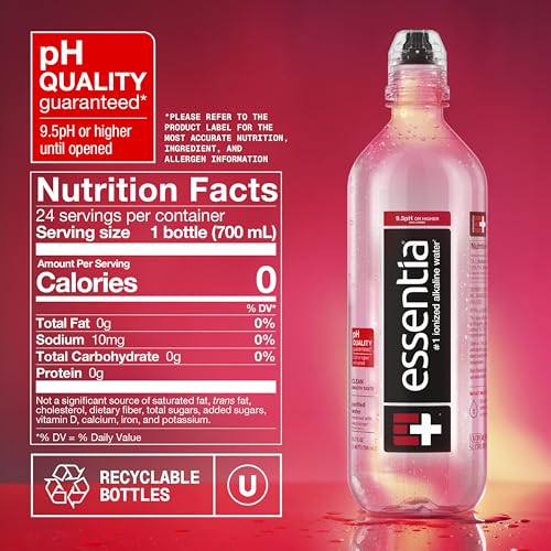 Image of Essentia Water LLC, Ionized Alkaline Bottled Water; 99.9% Pure, Infused with Electrolytes, 9.5 pH or Higher with a Clean, Smooth Taste, 23.67 Fl Oz (Pack of 24)