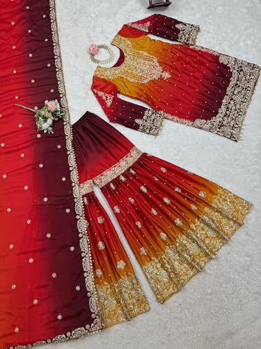 Image of Pandadi Saree Women's Chinon Silk Embroidery Kurta Sharara Set With Dupatta.