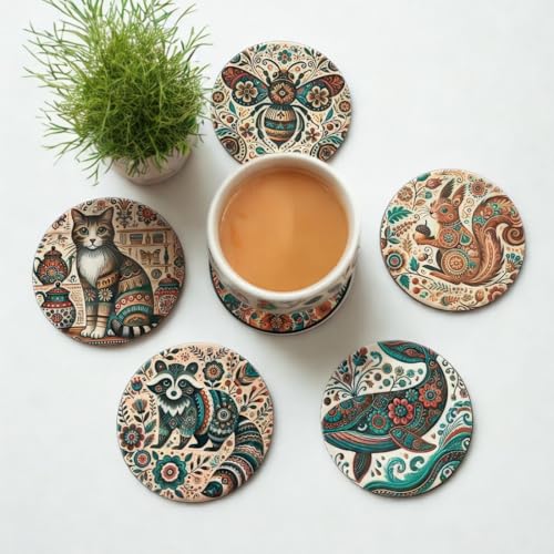 Image of Zesta Coasters for Cups Set of 6 / Wooden Coasters for Bar Accessories for Home /Tea Coaster Set of 6 / Waterproof Dining Table Decor Glass Cover (Mandala Animal, Circle)
