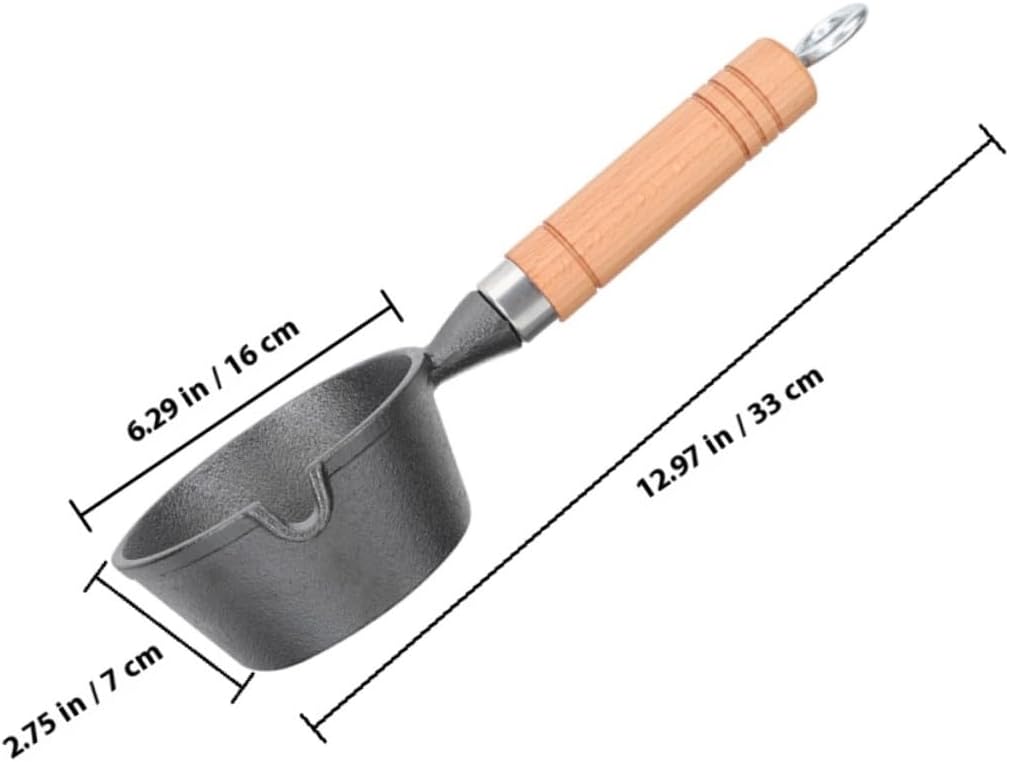 Mini Cast Iron Saucepan with Wooden Handle 16cm Diameter 7cm Height Small Pour Oil Pan Multifunctional Small Metal Pot for Cooking and Warming Sauces