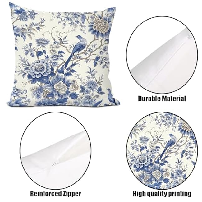 2Pcs Flowers Decorative Pillow Covers 18x18 Inch, Blue Floral Flowers Throw Pillow with Square Pillowcases, Bird Pillows Cover for Living Room Sofa Bedroom Decor, Flower Gifts for Women Mom Friend