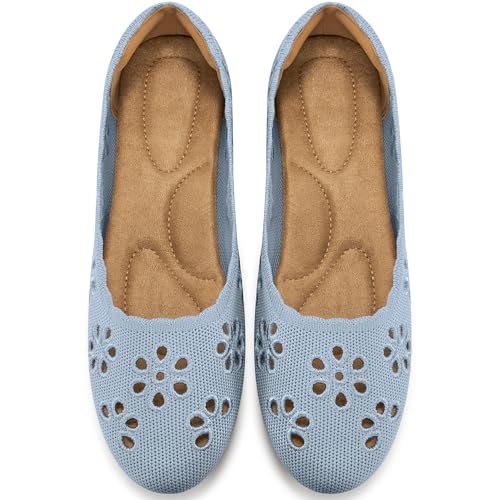 HARENCE Ballet Flats Shoes for Women: Comfortable Round Toe Summer Work Office Flat Slip on Walking Dress Shoes with Breathable Floral Eyelets