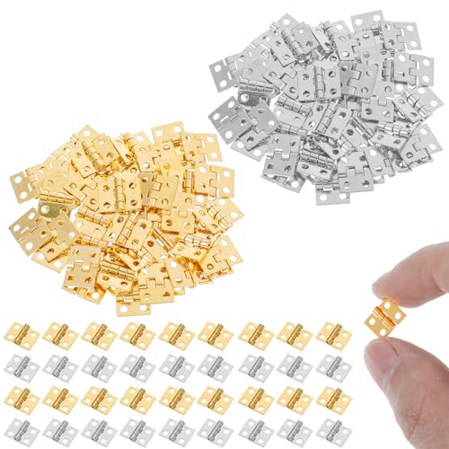 100Pcs Small Brass Hinges for Jewelry Box 10 X 8mm Mini Hinges for Crafts Gold and Silver Tiny Hinge Hardware with 400PCS Small Screw for Miniature Furniture Wooden Box Cabinet DIY Accessories