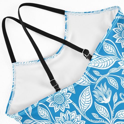 senya Girls Swimsuits One-Piece Swimwear Tie Bathing Suit Beach Summer Round Neck 5-6T Blue and White Floral Pattern4