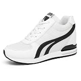 AONEGOLD Womens Hidden Wedges Shoes High Heeled Lightweight Mesh Sneakers Casual Walking Shoes Tennis Chic White/Black