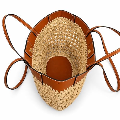 Bolso de playa de paja para mujer, bolso tote bohemio de verano con correa de PU miniatura 5