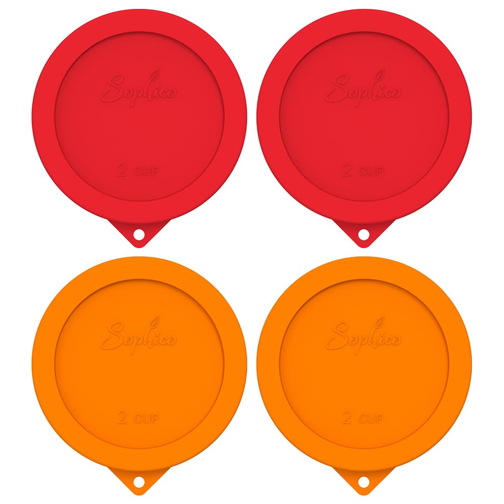 Sophico 2 Cup Round Silicone Storage Cover Lids Replacement for Anchor Hocking and Pyrex 7200-PC Glass Bowls (Container not Included) | Red-Orange | 4 Pack