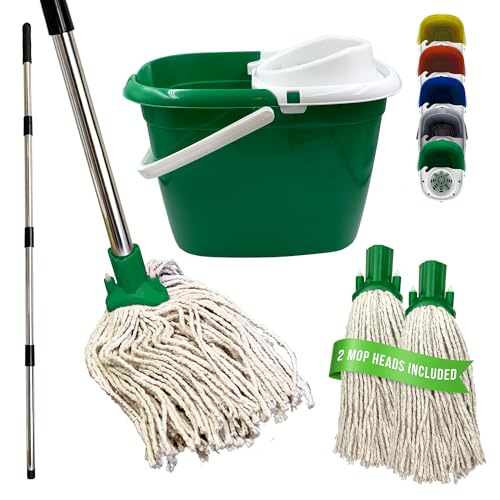 Image of Floor Mop and Bucket Set - 2PC Mops for Cleaning Floors with Bucket, Pure Yarn Mop Heads and Heavy-Duty Mop Bucket, Industrial Mop and Bucket for Domestic and Commercial Use (Green)
