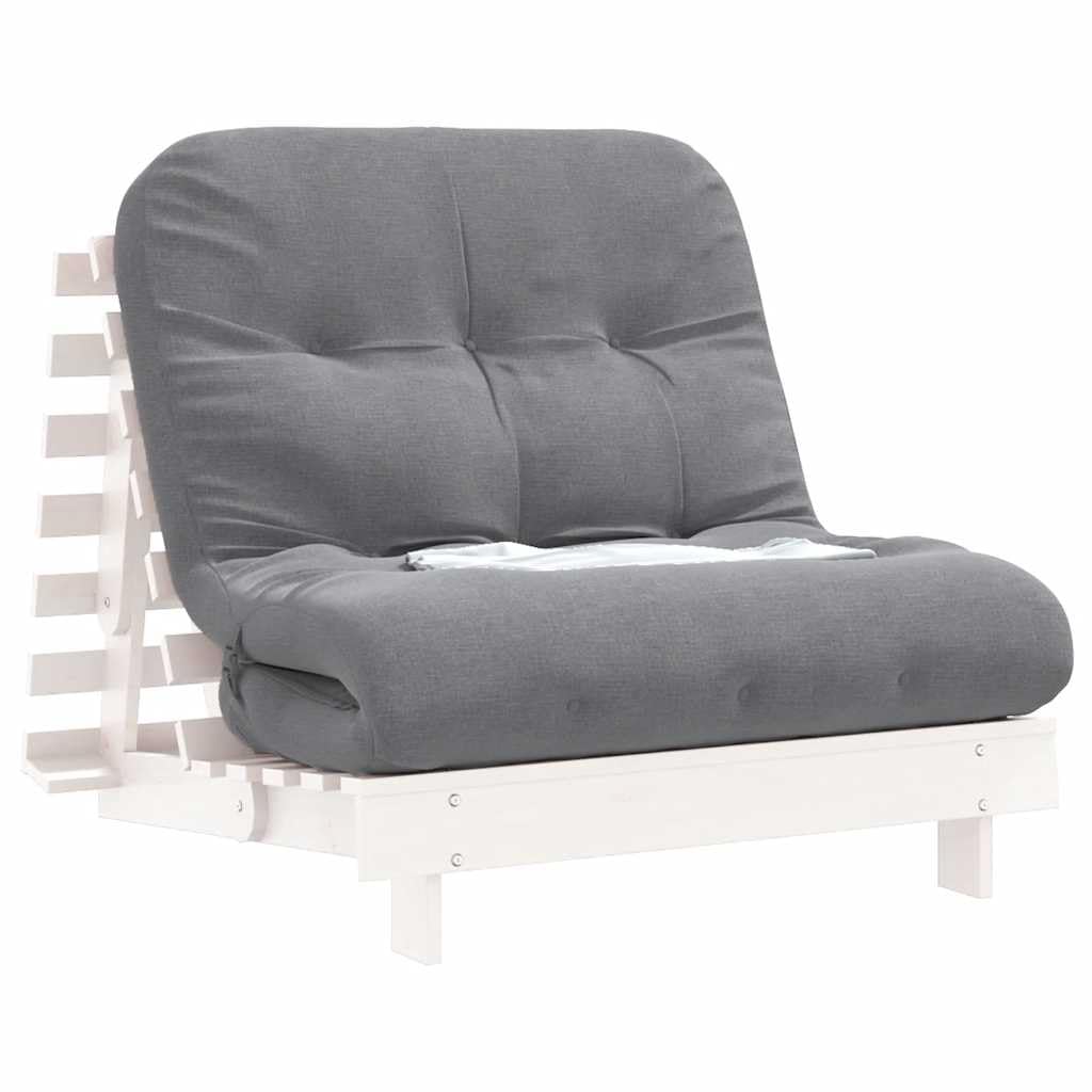 Futon sofa z funkcją spania, biała, z litego drewna sosnowego, 90 x 206 x 11 cm, z regulowanym oparciem, zajmuje mało miejsca, składana, wygodny materac do pokoju gościnnego, salonu, pokoju