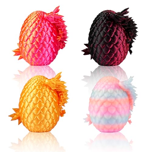 JOMBY 3D-gedruckte Dracheneier Set – 4 Mini-Drachen mit beweglichen Gelenken (12,7 cm) – Überraschungsei Spielzeug – Kristalldrache aus PLA – Buntes Geschenk für Kinder